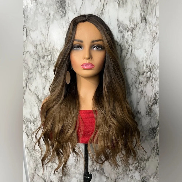 28 Inch Balayage Brown to  Caramel Wavy Hair Wig - Picture 3 of 7